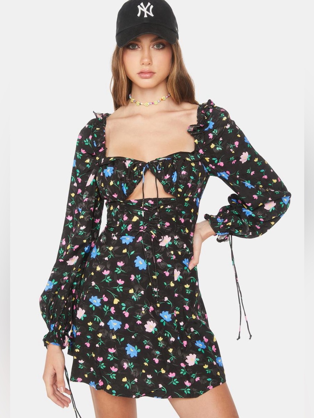 For Love & Lemons Lexy Black Floral Cut Out Long Sleeve Dress Small